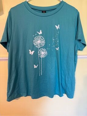SHEIN Teal Short-Sleeve Tee with White Dandelion & Butterfly Print